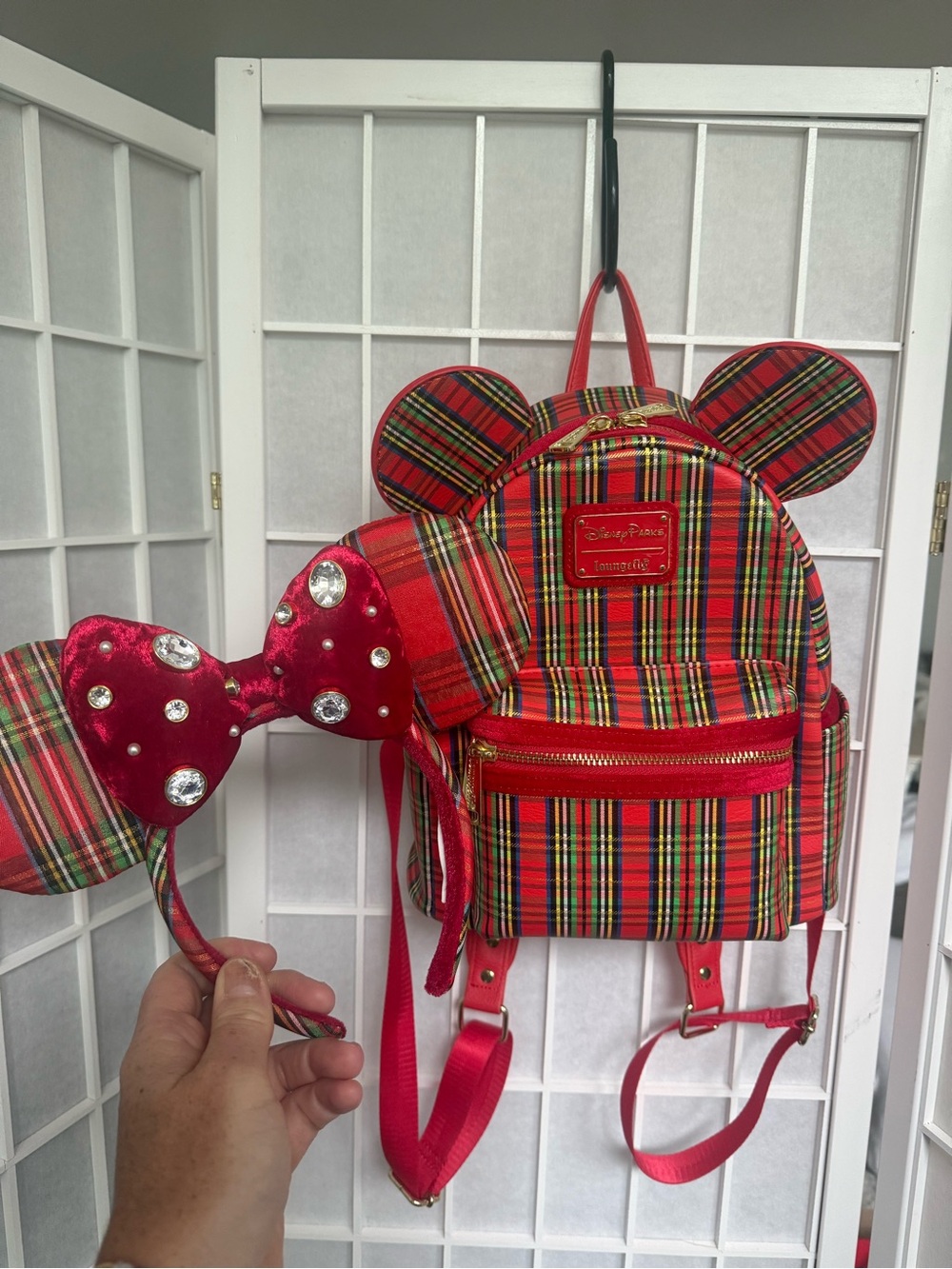 Disney Plaid Minnie Ear Backpack and Bow Headband - Red